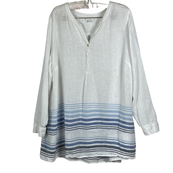 J. JILL Tunic Top X-Large Linen Blend White Blue Striped Pleated Coastal Beach - Picture 1 of 7